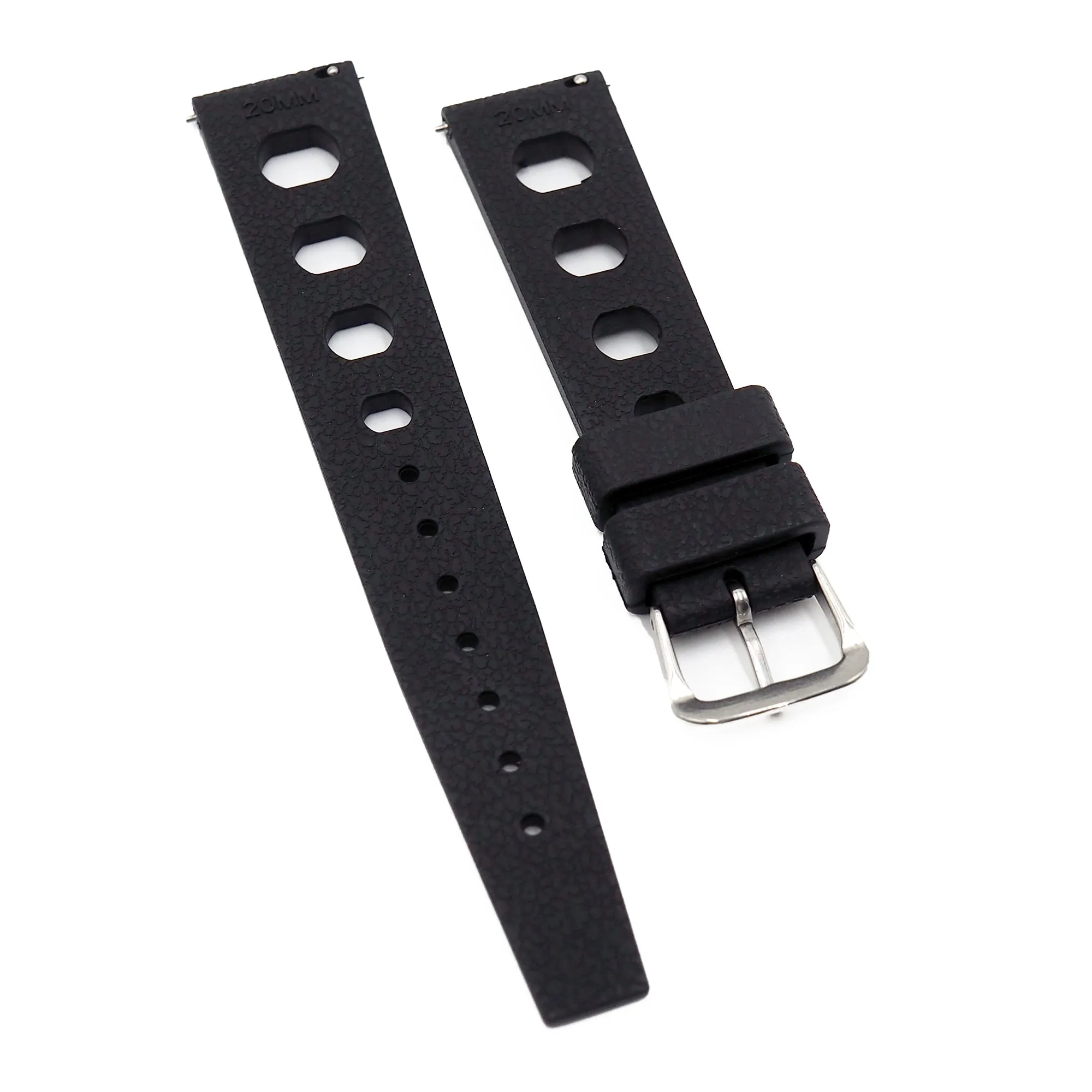 20mm Rally Style Retro Large Holes Black FKM Rubber Watch Strap, Quick Release Spring Bars