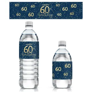 60th Birthday: Navy Blue & Gold - Adult Birthday -  Water Bottle Labels