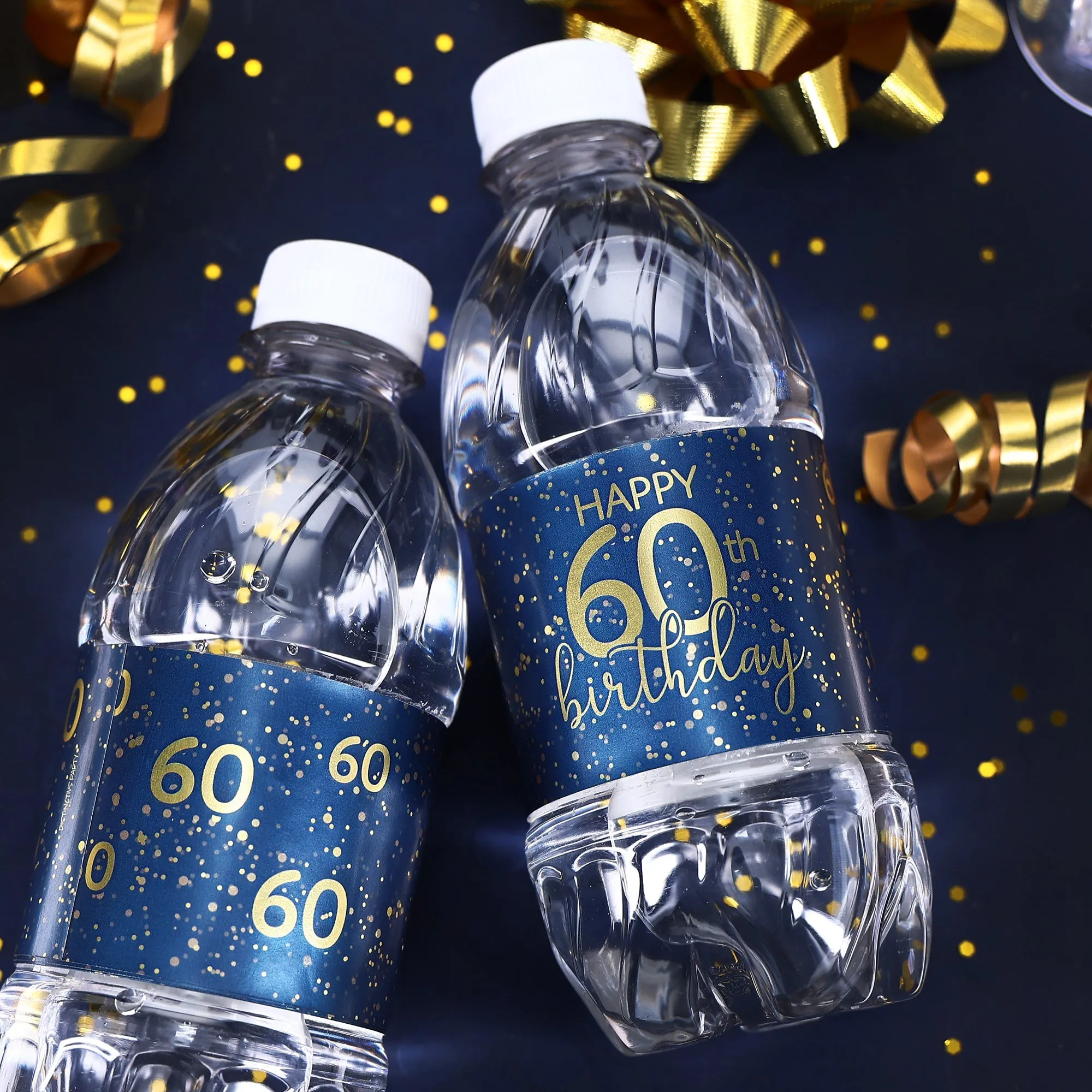 60th Birthday: Navy Blue & Gold - Adult Birthday -  Water Bottle Labels