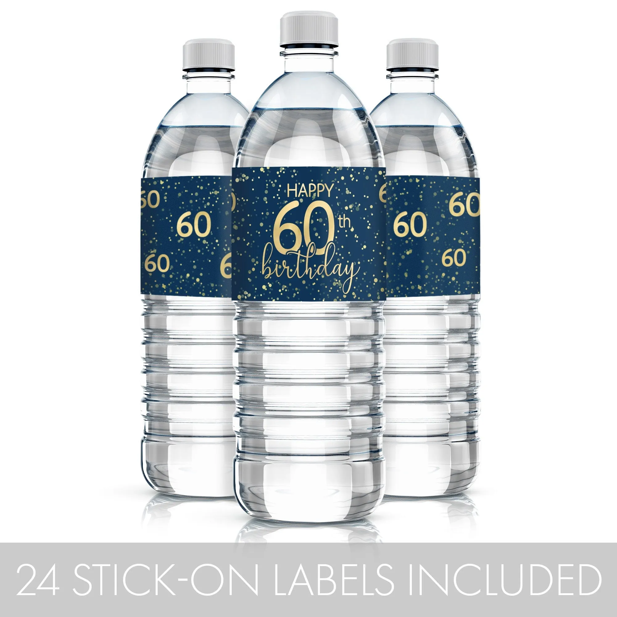 60th Birthday: Navy Blue & Gold - Adult Birthday -  Water Bottle Labels