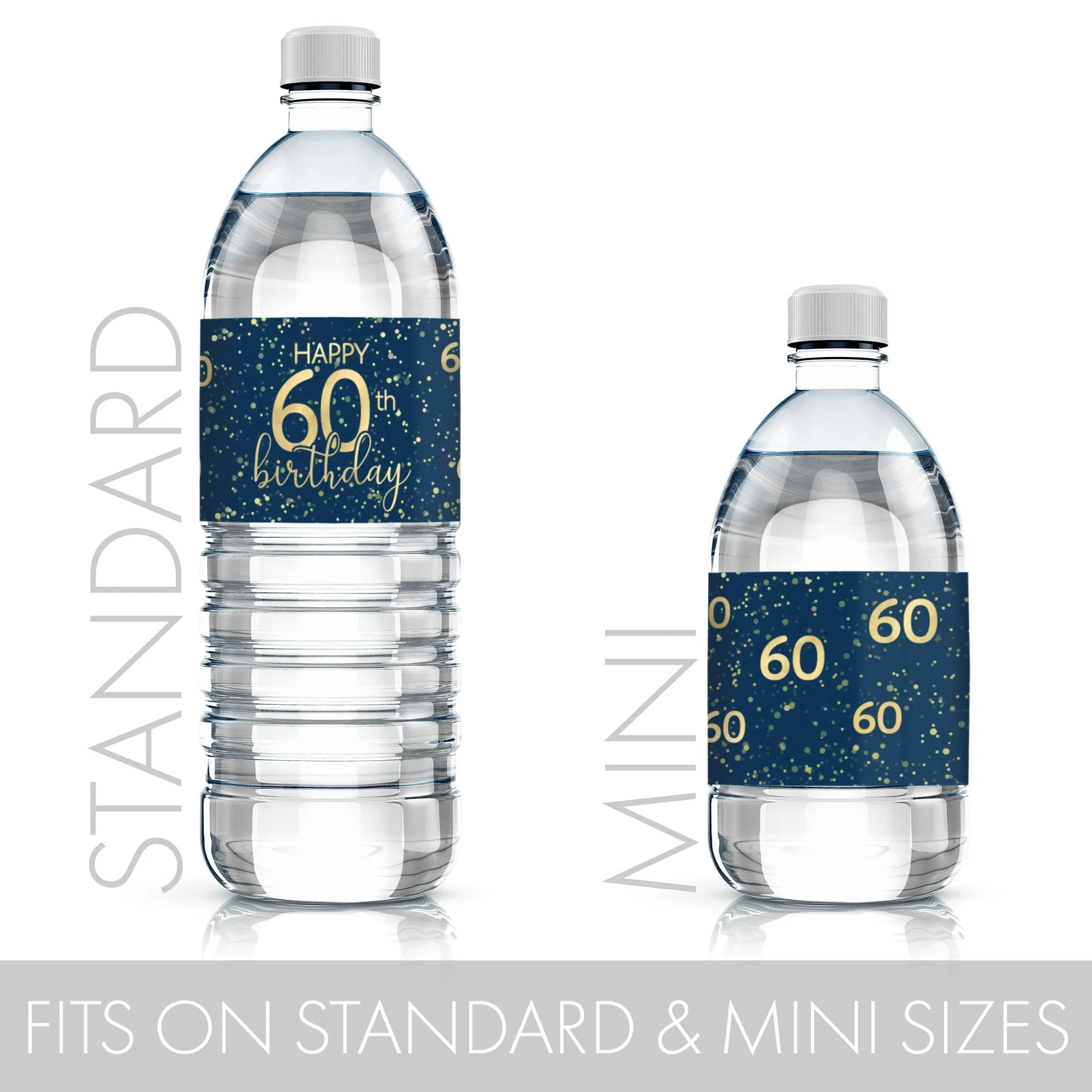 60th Birthday: Navy Blue & Gold - Adult Birthday -  Water Bottle Labels