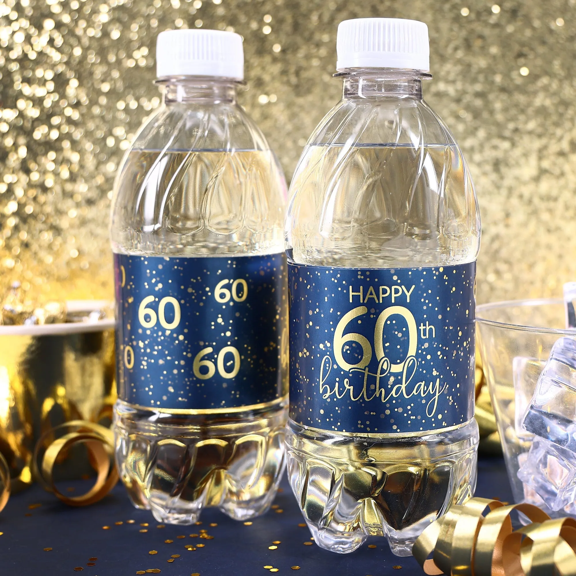 60th Birthday: Navy Blue & Gold - Adult Birthday -  Water Bottle Labels