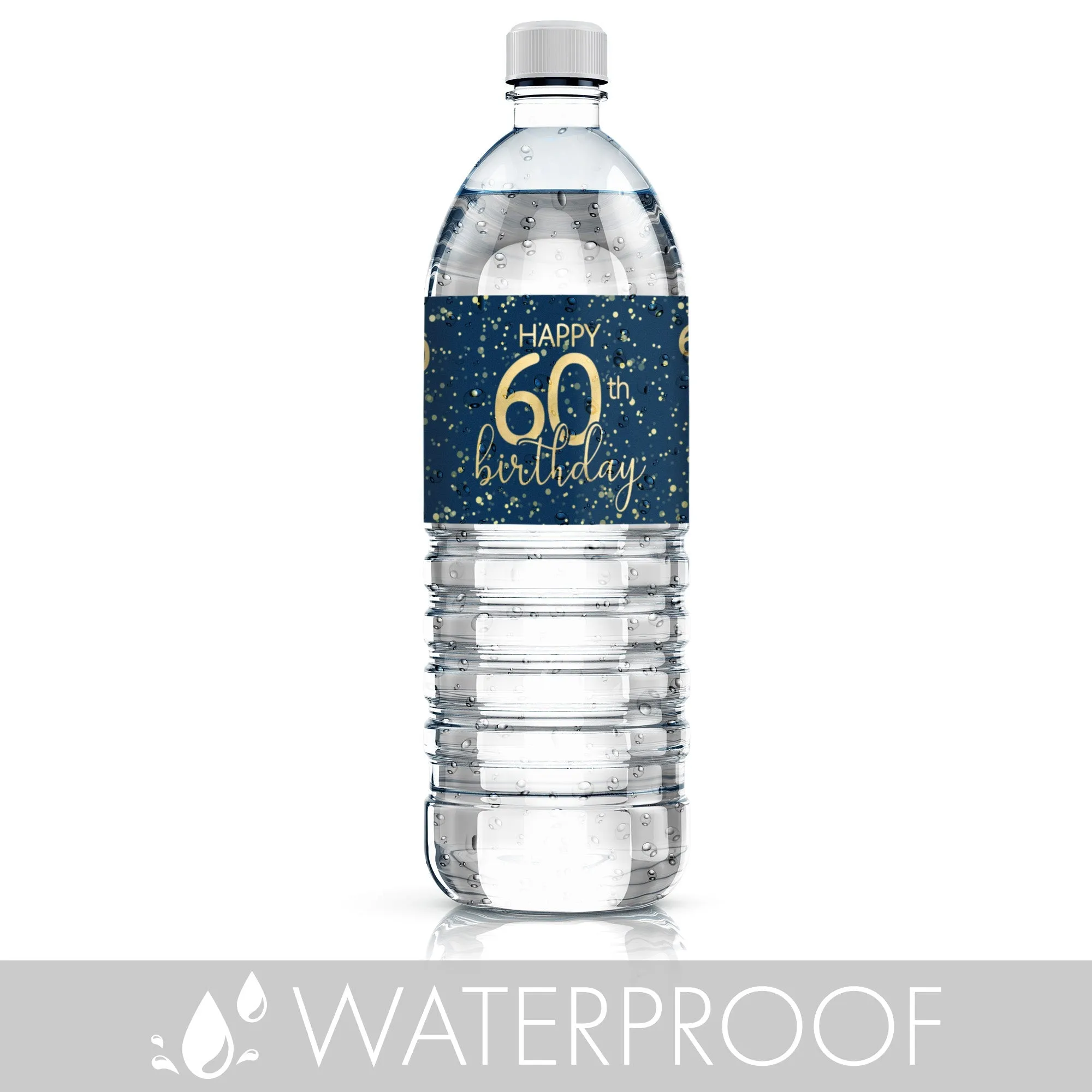 60th Birthday: Navy Blue & Gold - Adult Birthday -  Water Bottle Labels