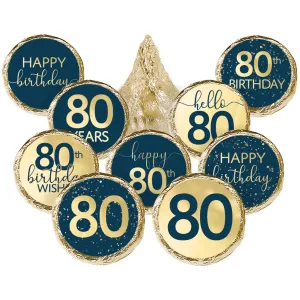 80th Birthday: Navy Blue & Gold - Adult Birthday - Stickers - Fits Hershey's Kisses Candy