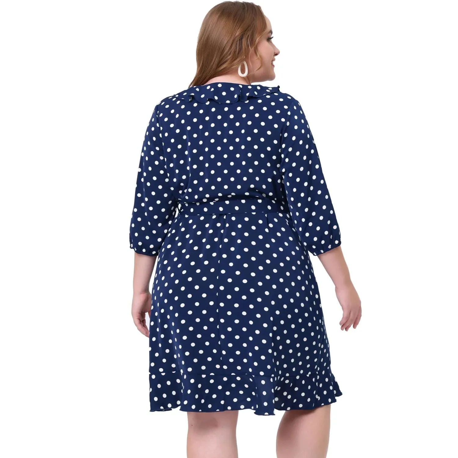 Agnes Orinda Women's Plus Size Ruffle Polka Dot Chiffon Midi Dress dark blue