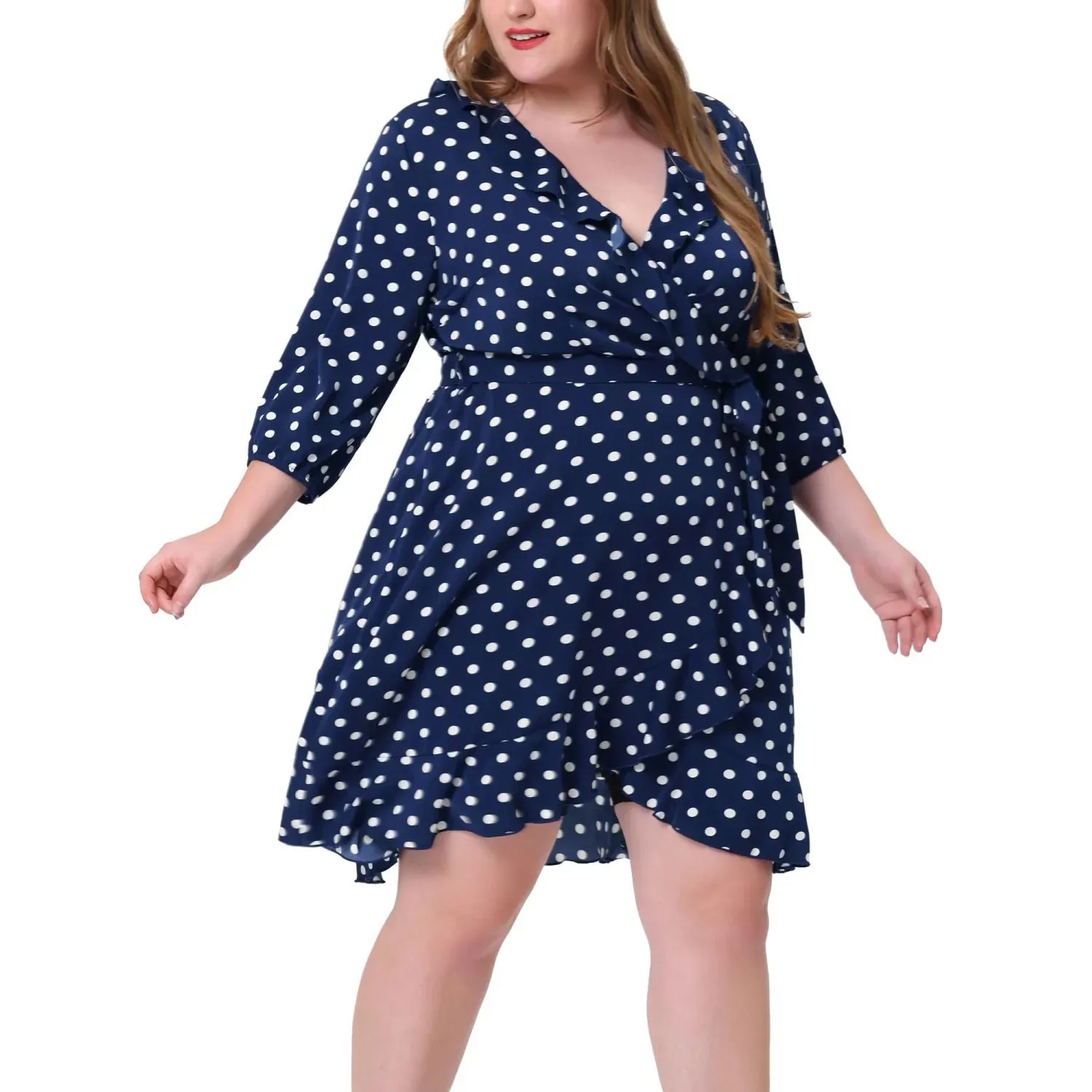 Agnes Orinda Women's Plus Size Ruffle Polka Dot Chiffon Midi Dress dark blue