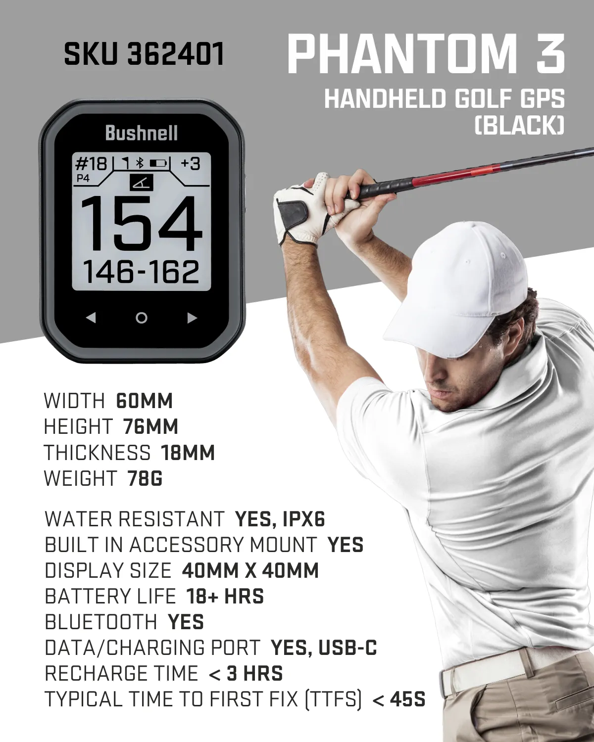 Bushnell Phantom 3 Slope GPS Golf Green with Slope Technology, Touchscreen, Magnetic Cart Mount, Wearable4U