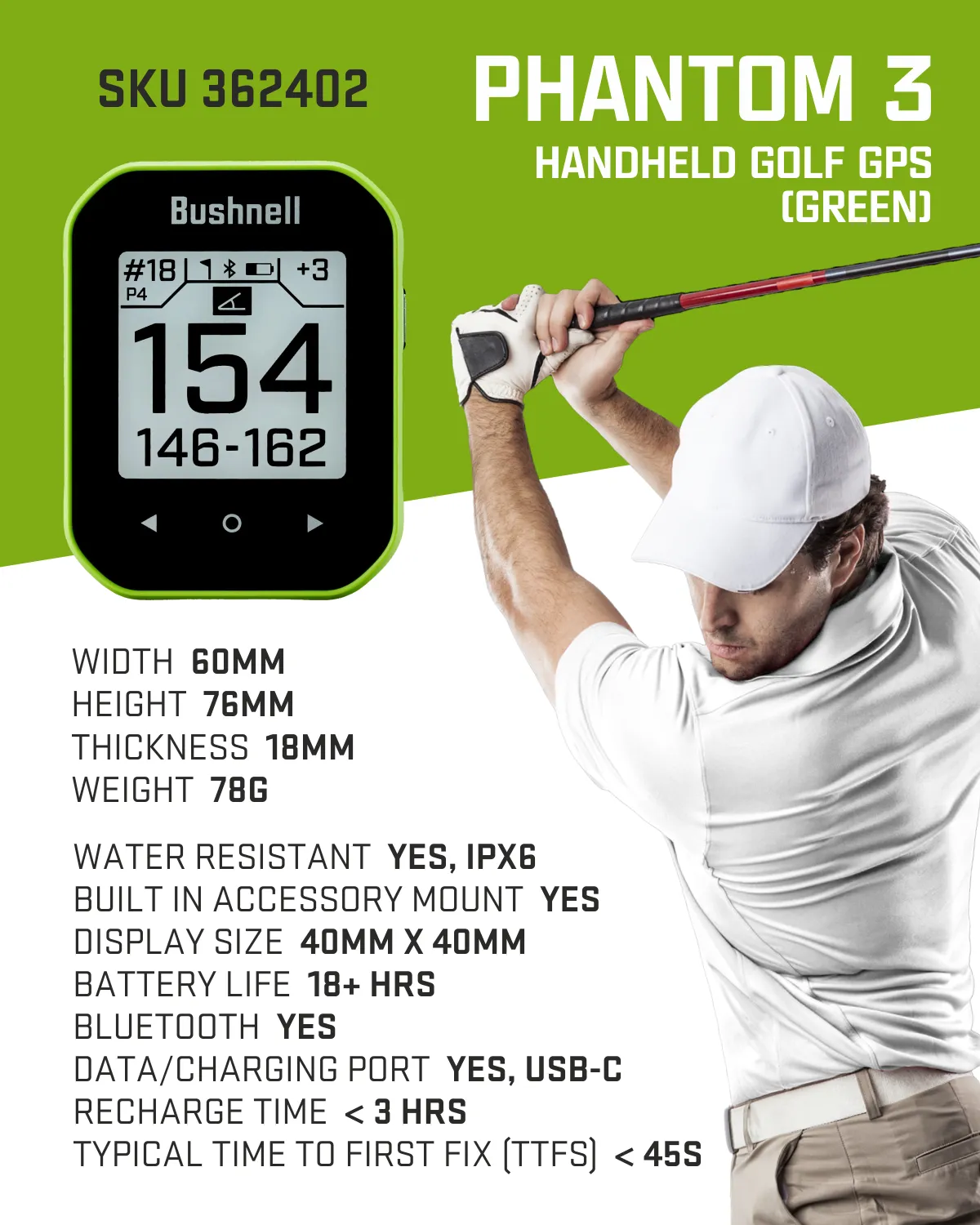 Bushnell Phantom 3 Slope GPS Golf Green with Slope Technology, Touchscreen, Magnetic Cart Mount, Wearable4U