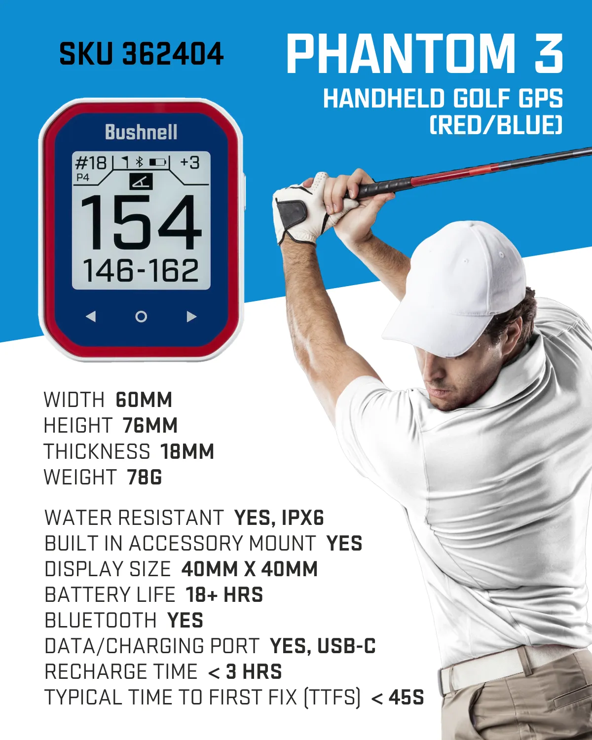 Bushnell Phantom 3 Slope GPS Golf Green with Slope Technology, Touchscreen, Magnetic Cart Mount, Wearable4U