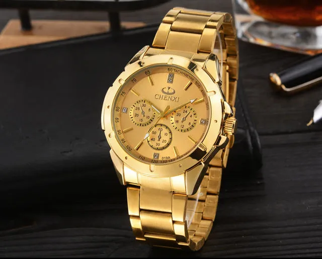 CHENXI Lovers Quartz Watches Women Men Gold WristWatches Top Brand Luxury Female Male Clock IPG Golden Steel Watch