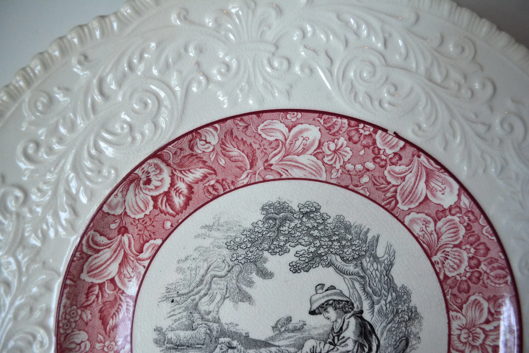 Circa 1930 Red & Black Two Color English Transferware Charger Round Platter Shepherd Boy and Sheep Embossed Border