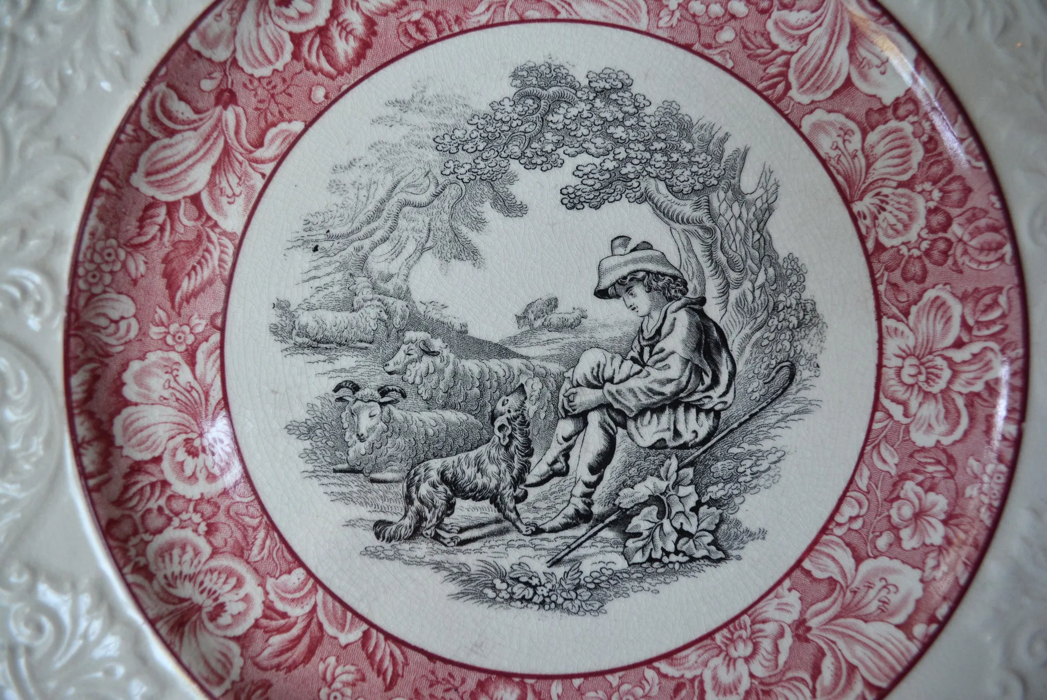 Circa 1930 Red & Black Two Color English Transferware Charger Round Platter Shepherd Boy and Sheep Embossed Border