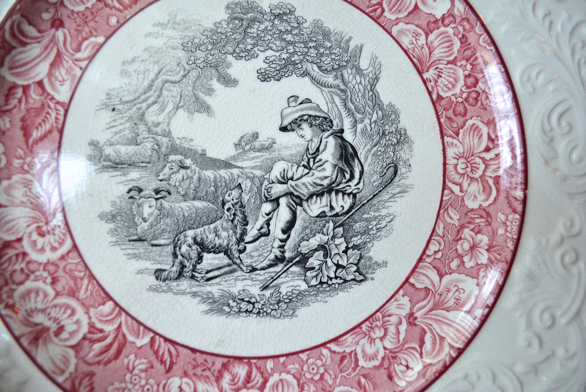 Circa 1930 Red & Black Two Color English Transferware Charger Round Platter Shepherd Boy and Sheep Embossed Border