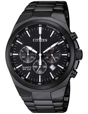 Citizen Quartz Mens Watch - Black Metal - Chronograph - Black Dial -Bracelet