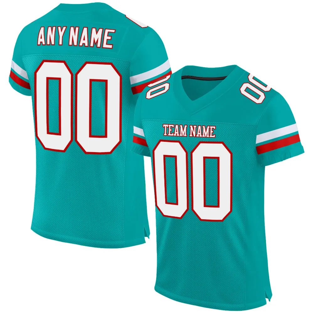 Custom Aqua White-Red Mesh Authentic Football Jersey