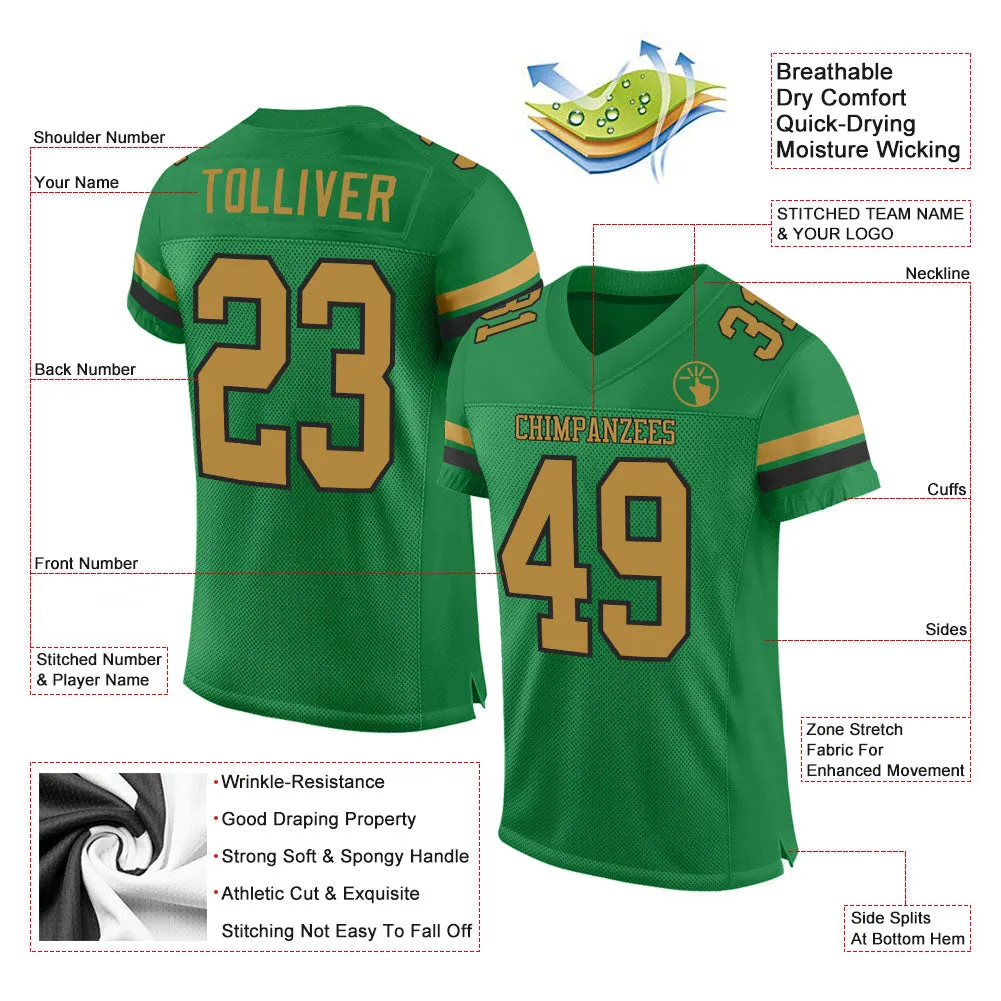 Custom Grass Green Old Gold-Black Mesh Authentic Football Jersey