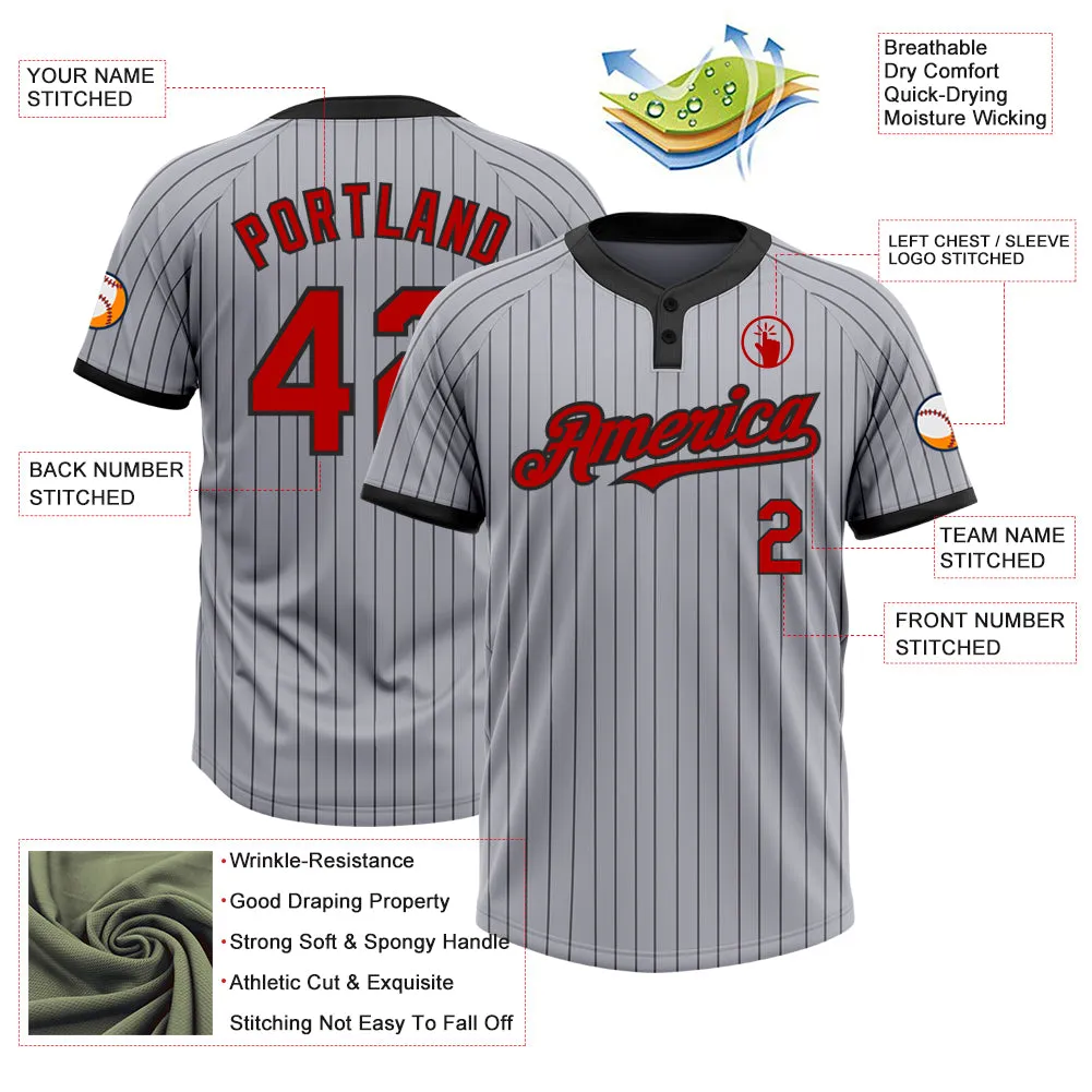 Custom Gray Black Pinstripe Red Two-Button Unisex Softball Jersey