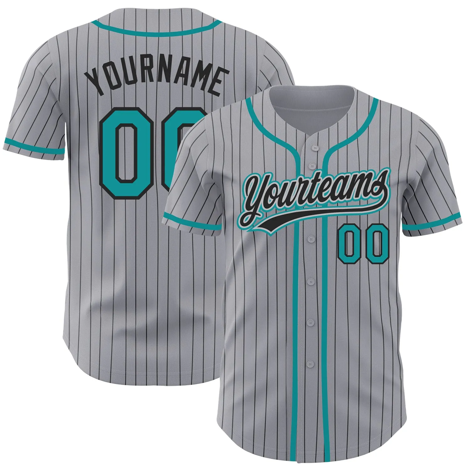 Custom Gray Black Pinstripe Teal Authentic Baseball Jersey