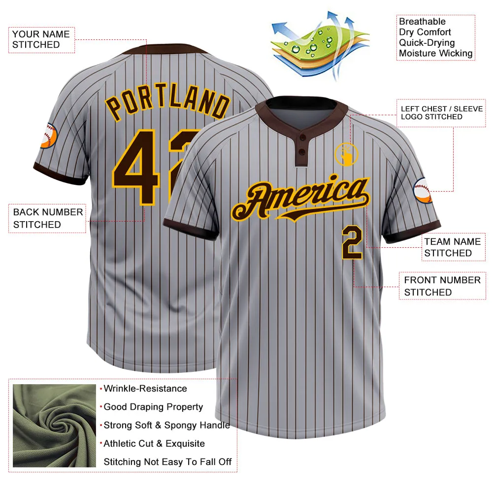 Custom Gray Brown Pinstripe Gold Two-Button Unisex Softball Jersey