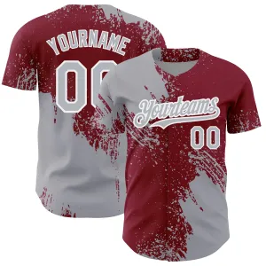 Custom Gray Crimson-White 3D Pattern Design Abstract Brush Stroke Authentic Baseball Jersey