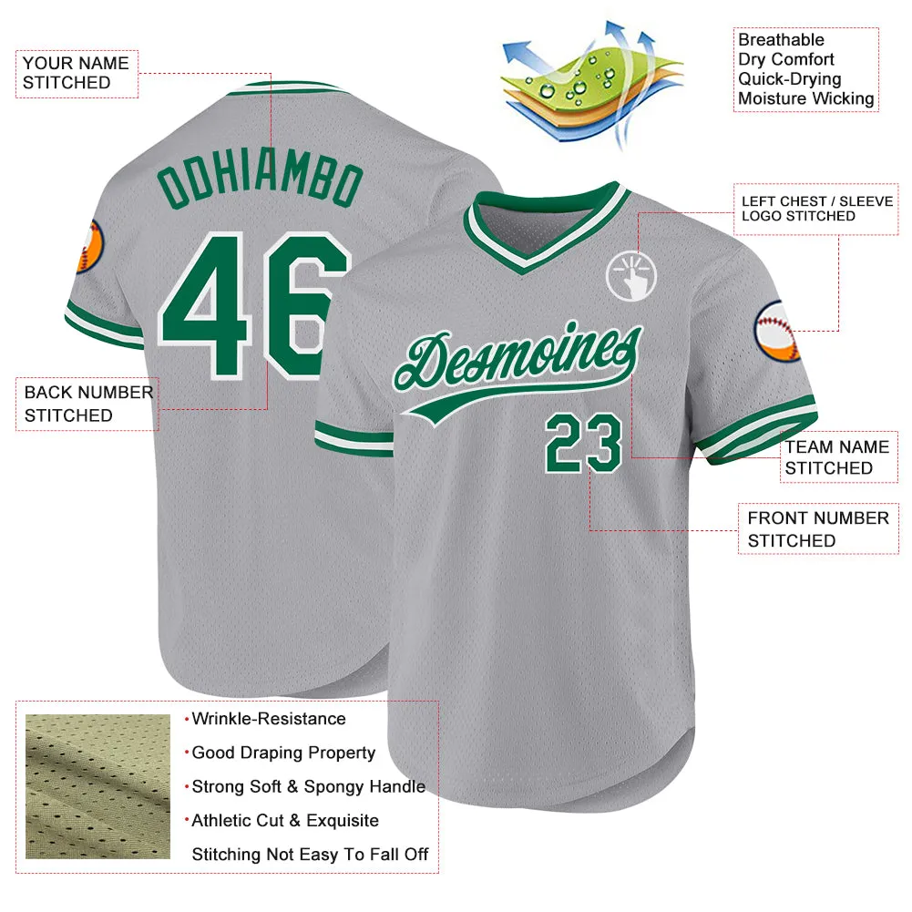 Custom Gray Kelly Green-White Authentic Throwback Baseball Jersey