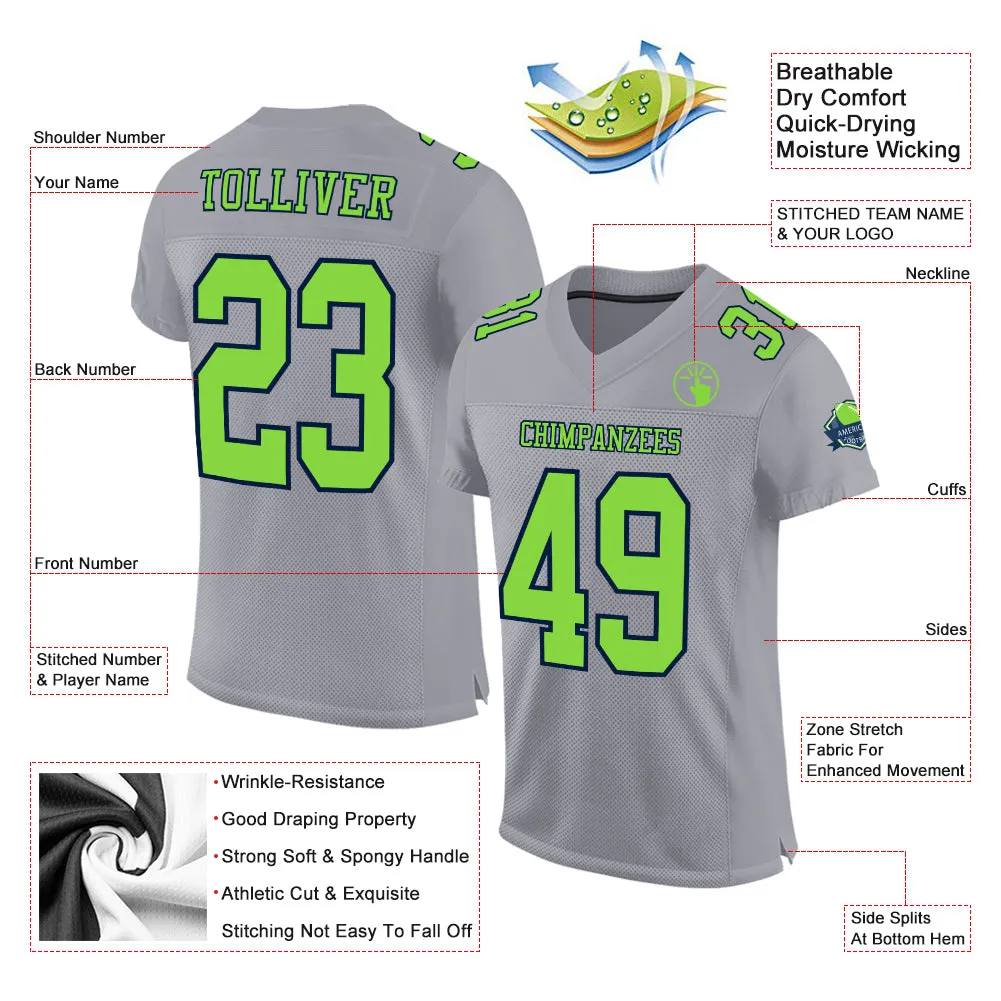 Custom Gray Neon Green-Navy Mesh Authentic Football Jersey