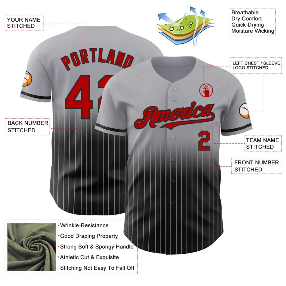 Custom Gray Pinstripe Red-Black Authentic Fade Fashion Baseball Jersey