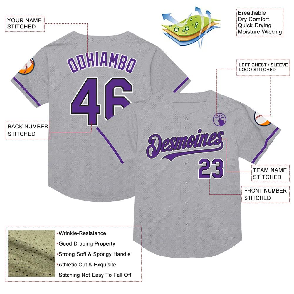 Custom Gray Purple-Black Mesh Authentic Throwback Baseball Jersey