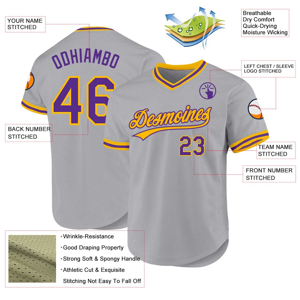 Custom Gray Purple-Gold Authentic Throwback Baseball Jersey