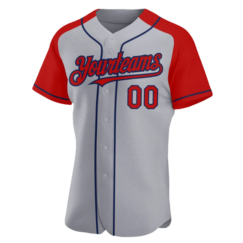 Custom Gray Red-Navy Authentic Raglan Sleeves Baseball Jersey