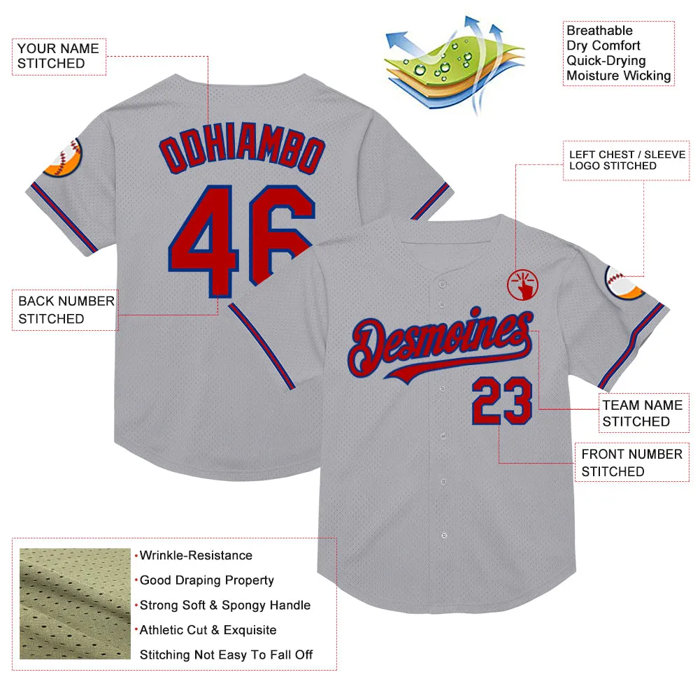 Custom Gray Red-Royal Mesh Authentic Throwback Baseball Jersey