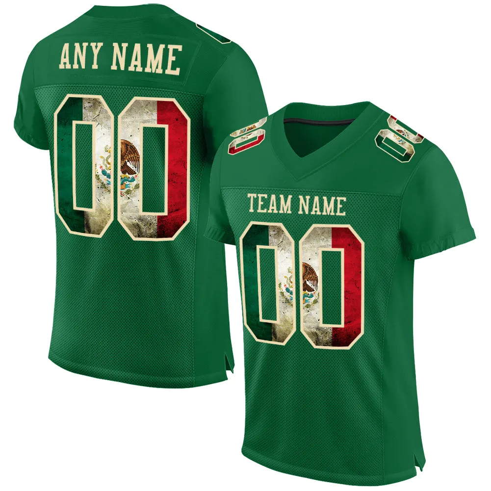 Custom Kelly Green Vintage Mexican Flag-City Cream Mesh Authentic Football Jersey