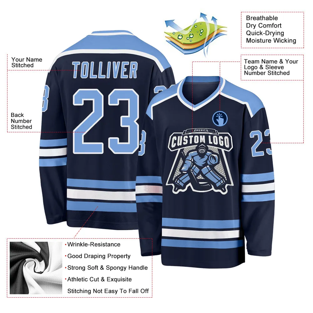 Custom Navy Light Blue-White Hockey Jersey