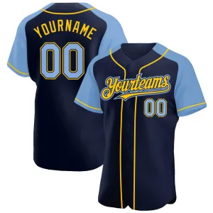 Custom Navy Light Blue-Yellow Authentic Raglan Sleeves Baseball Jersey