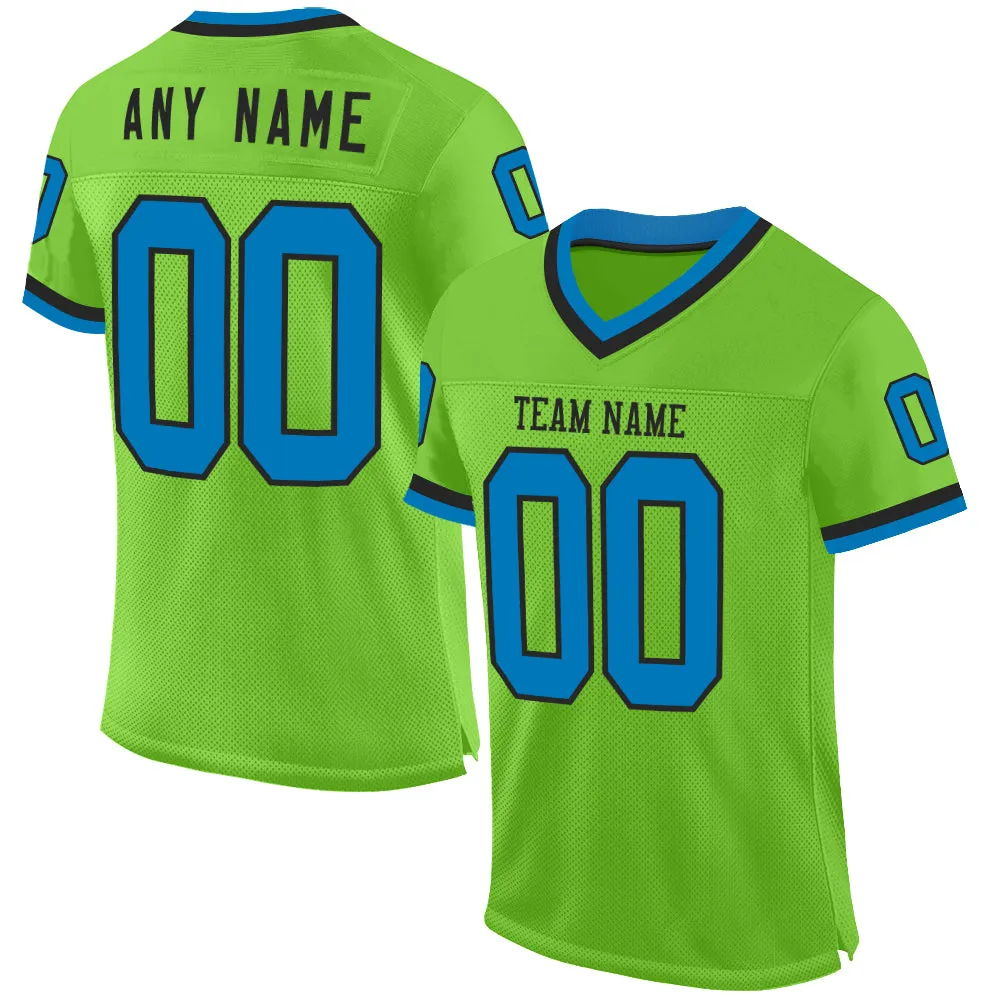 Custom Neon Green Blue-Black Mesh Authentic Throwback Football Jersey