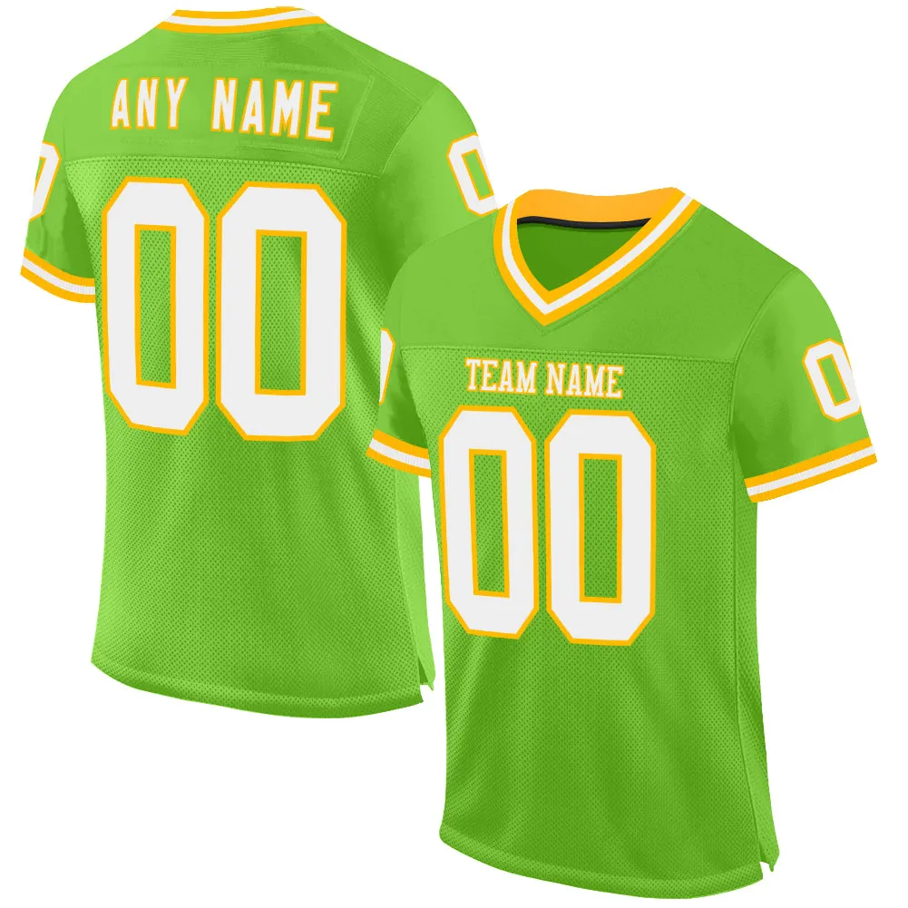 Custom Neon Green White-Gold Mesh Authentic Throwback Football Jersey