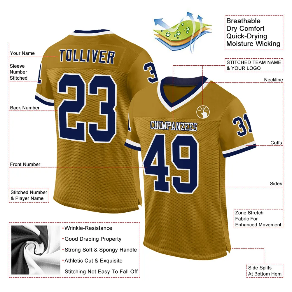 Custom Old Gold Navy-White Mesh Authentic Throwback Football Jersey