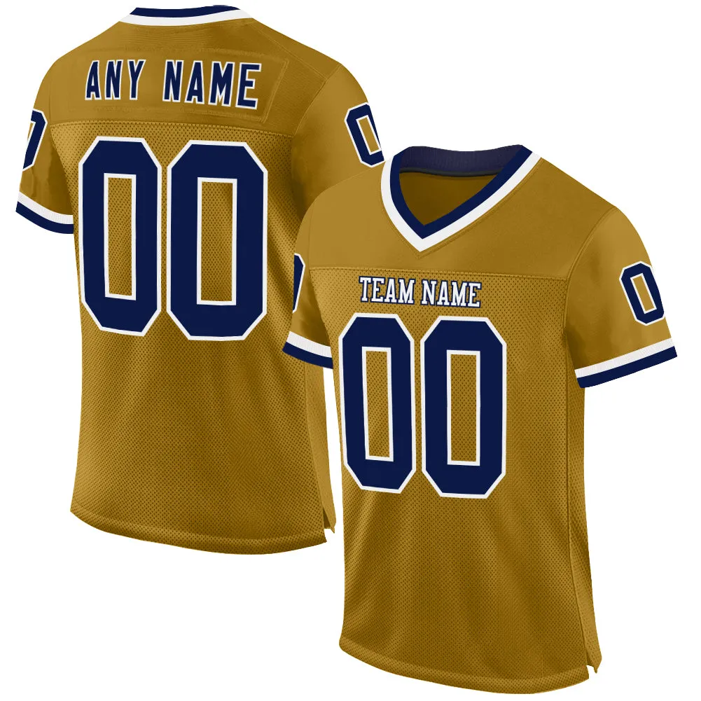 Custom Old Gold Navy-White Mesh Authentic Throwback Football Jersey