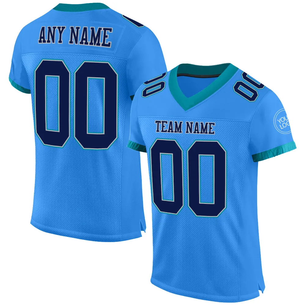 Custom Powder Blue Navy Gray-Teal Mesh Authentic Football Jersey