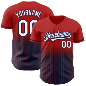 Custom Red Pinstripe White-Navy Authentic Fade Fashion Baseball Jersey