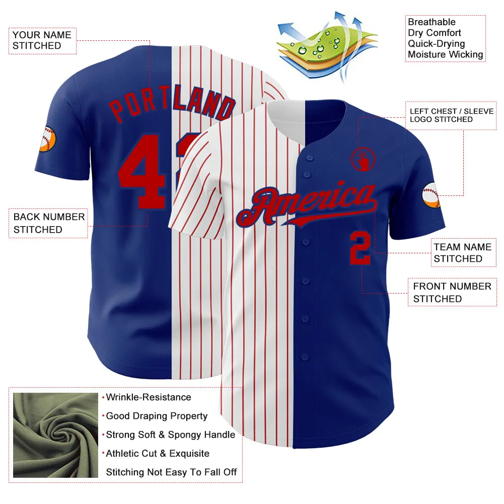 Custom Royal White-Red Pinstripe Authentic Split Fashion Baseball Jersey