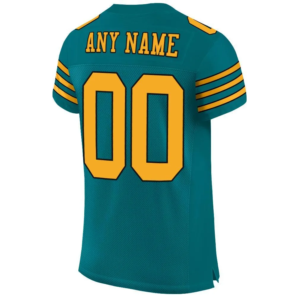 Custom Teal Gold-Black Mesh Authentic Football Jersey