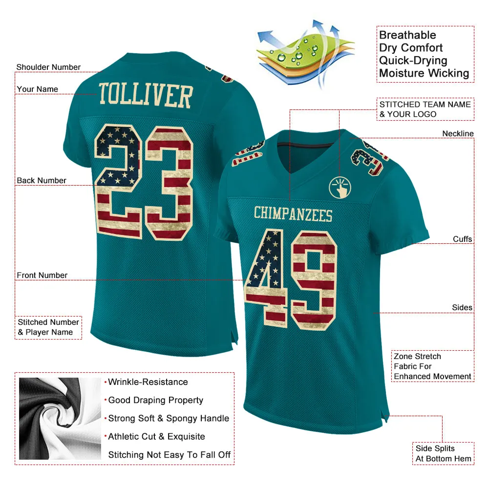 Custom Teal Vintage USA Flag-City Cream Mesh Authentic Football Jersey