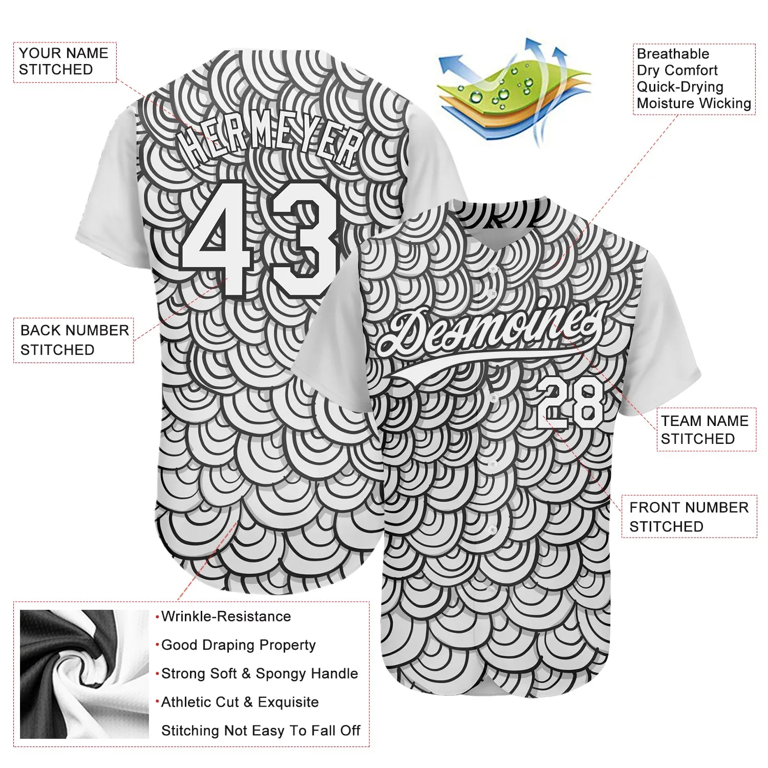 Custom White Black 3D Pattern Design Abstract Doodle Line Art Authentic Baseball Jersey