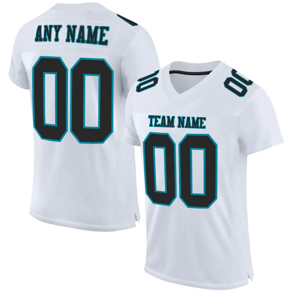 Custom White Black-Teal Mesh Authentic Football Jersey