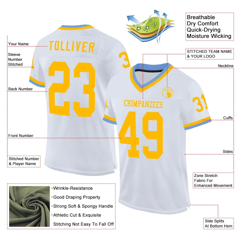 Custom White Gold-Light Blue Mesh Authentic Throwback Football Jersey