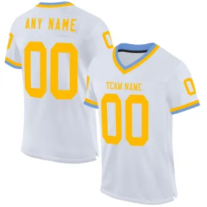 Custom White Gold-Light Blue Mesh Authentic Throwback Football Jersey