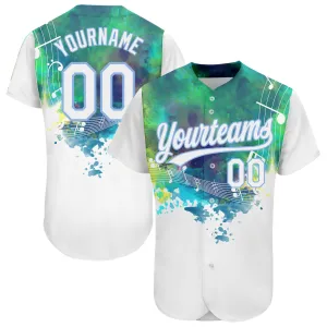 Custom White Light Blue 3D Pattern Design Music Festival Abstract Colorful Music Grunge Style Authentic Baseball Jersey