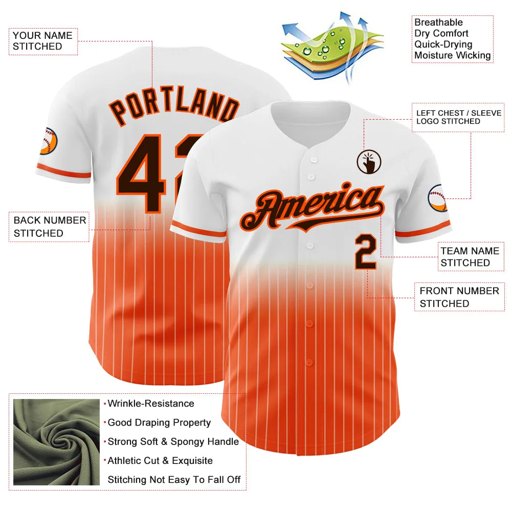 Custom White Pinstripe Brown-Orange Authentic Fade Fashion Baseball Jersey