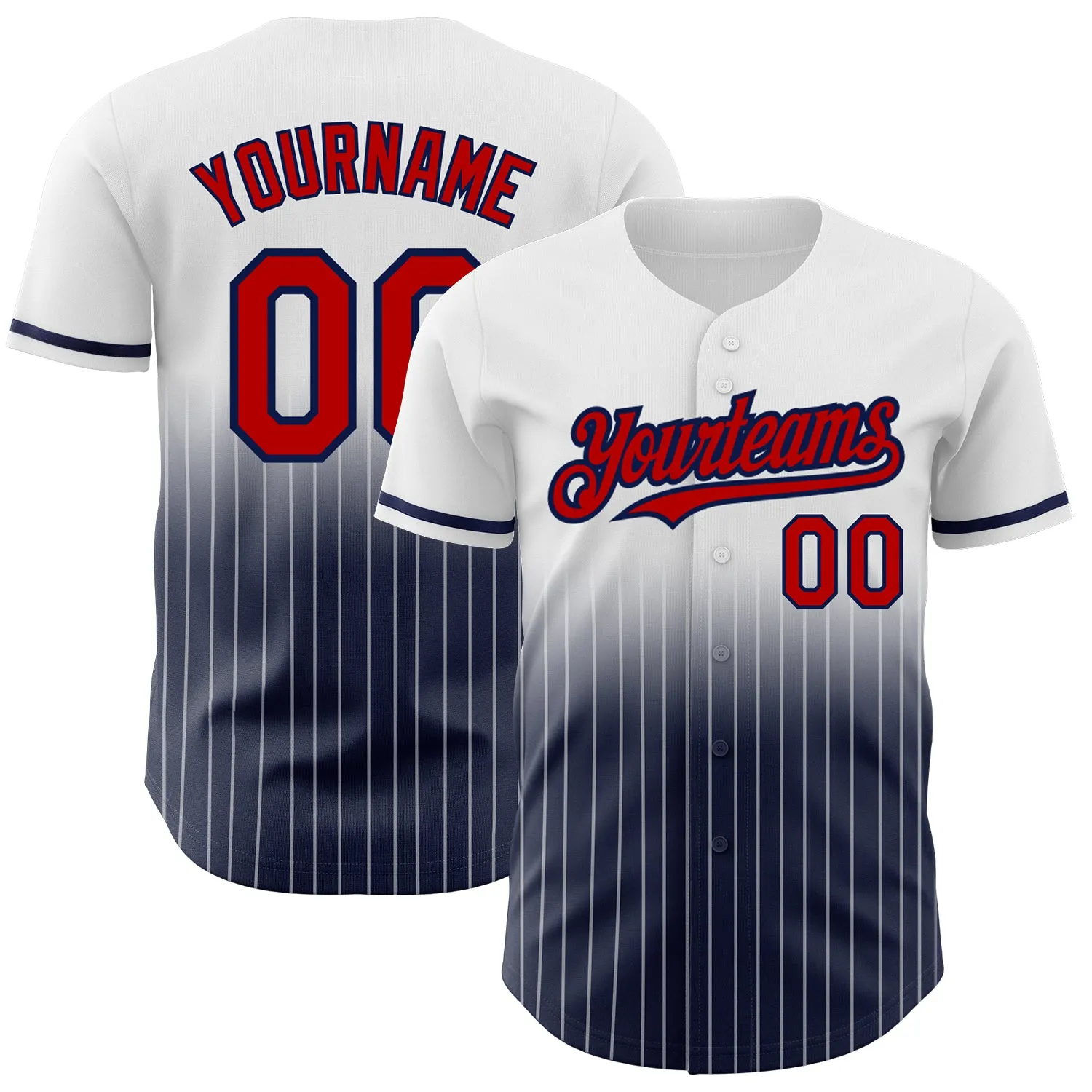 Custom White Pinstripe Red-Navy Authentic Fade Fashion Baseball Jersey